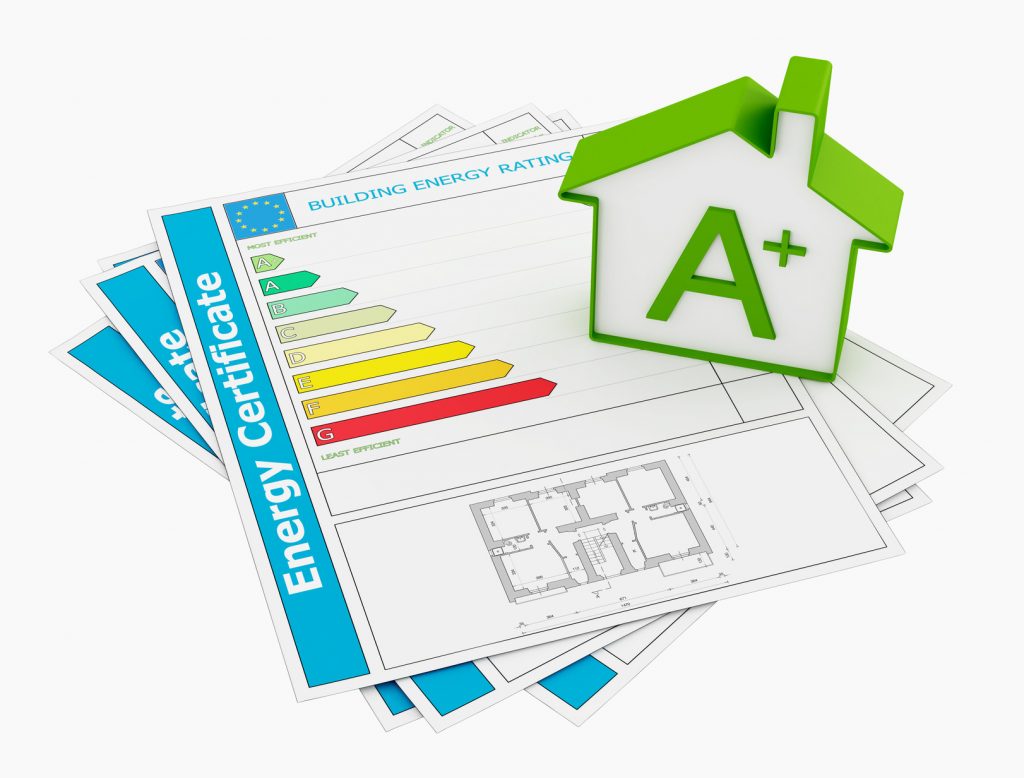 Energy certificate with house model isolated on white - rendering